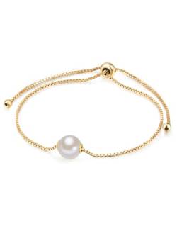 Valero Pearls Damen-Armband Sterling Silber gelbvergoldet mit Perlenanhänger mit Süßwasser-Zuchtperle weiß flexibel verstellbar 14 cm bis 22 cm - Perlen-Armband mit Perlen-Anhänger groß von Valero Pearls