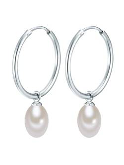 Valero Pearls Damen-Creolen mit Perlen-Anhänger Sterling Silber mit Süßwasser-Zuchtperlen weiß - Perlenohrhänger Silber-Ohrringe von Valero Pearls