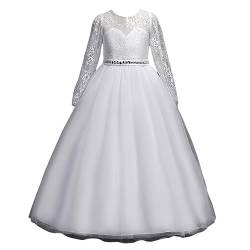 Valin Blumensmädchenkleid Prinzessin Kleid Weiß Festliches Kinder Mädchen Kleid 3/4-Arm Spitze Tüll Party Festliche Hochzeit Kleid 9-10 Jahre,V1023 von Valin