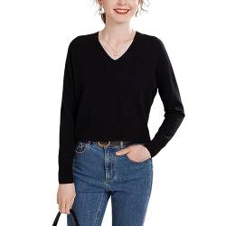 Valin Damen 95% Kaschmir Pullover Schwarz V-Ausschnitt Langarm Strickpullover Kaschmir Wolle Einfarbige Relaxed Dünner Pullover,40,YZL2303 von Valin