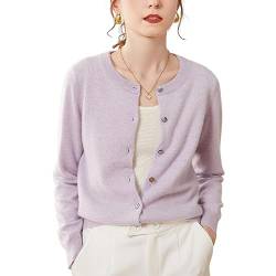 Valin Damen 95% Kaschmir Strickjacke Violett Rundhals Langarm Cardigan Kaschmir Wolle Einfarbige Relaxed Dünner Strickjacke,44,SPR1201 von Valin