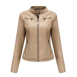 Valin Damen Beige Kunstleder Motorrad Jacke Lederjacke Schlank Reißverschluss Stehkragen Kurz Mantel,38,PN788 von Valin