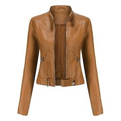 Valin Damen Braun Lederjacke Schlank Kurz Kunstleder Stehkragen Jacket Reißverschluss Motorrad Jacke für Frühling und Herbst,3XL,C02N von Valin