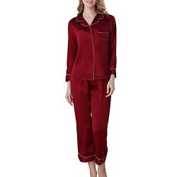 Valin Damen Burgund Einfach 100% Seide Pyjama-Set Oberteil und Capri-Hose Schlafanzug Langarm 19 Momme Seidenpyjama,L,T8002 von Valin