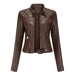 Valin Damen Dunkelbraun Lederjacke Schlank Kurz Kunstleder Stehkragen Jacket Reißverschluss Motorrad Jacke für Frühling und Herbst,S,C02N von Valin