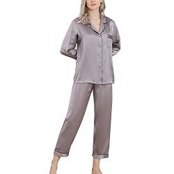 Valin Damen Grau Einfach 100% Seide Pyjama-Set Oberteil und Capri-Hose Schlafanzug Langarm 19 Momme Seidenpyjama,XL,T8002 von Valin