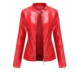 Valin Damen Rot Lederjacke Schlank Kurz Kunstleder Stehkragen Jacket Reißverschluss Motorrad Jacke für Frühling und Herbst,M,C258N von Valin