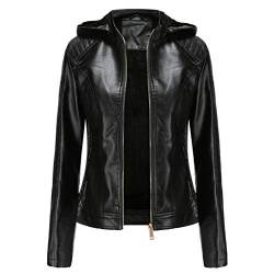 Valin Damen Schwarz Kunstleder Freizeitjacke Lederjacke Schlank Reißverschluss mit Kapuze Kurz Mantel,46,P6677 von Valin