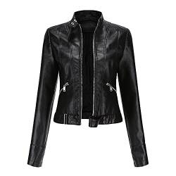 Valin Damen Schwarz Lederjacke Schlank Kurz Kunstleder Stehkragen Jacket Reißverschluss Motorrad Jacke für Frühling und Herbst,S,C02N von Valin