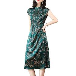 Valin Damen Seidenkleid Kordelzug A-Linie Kleid Drucken SeidenKleider Stehkragen Kurzarm Langes Seiden Kleid,Grün,XXL,D6668 von Valin