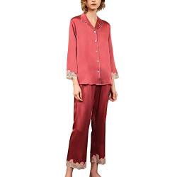 Valin Damen Seidenpyjama Seiden Schlafanzug Nachtanzug mit Spitze 100% Seide Nachtwäsche Langarm T8183,Rot,L von Valin