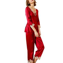 Valin Damen Seidenpyjama Seiden Schlafanzug Nachtanzug mit Spitze 100% Seide Nachtwäsche Langarm T8228,Rot,XXL von Valin