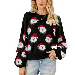 VALINK Damen Santa Christmas Sweater Mode Rundhals Strick-Sweatshirt Langarm Pullover Schwarz von Valink