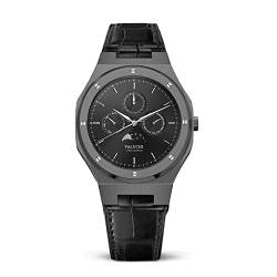 Valuchi Luxus Mode Herren Mondkalender Mechanische Automatik Tag & Nacht Anzeige Saphirglas Edelstahl wasserdichte Uhr mit Datum (Leder Gunmetal Schwarz) von Valuchi