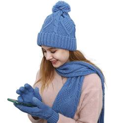 Mütze Handschuhe Schal Set Damen, Beanie Mütze Schal Set für Damen mit Touchscreen Handschuhe Weiche Dicke Zopfmuster Stricken Winter Geschenkset, himmelblau, von VanRolldex