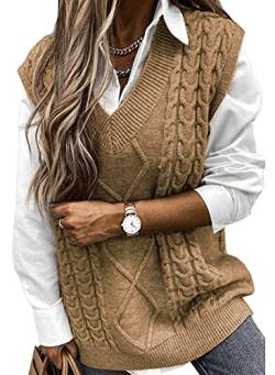 Pullunder Damen Ärmellos Pullover Vest Vintage Casual Strickweste V-Ausschnitt Weste Pullunder Winter Herbst Sweater Strickpullover,Khaki S von Vancavoo