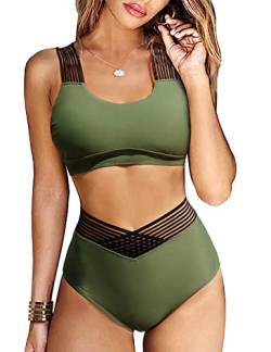 Vancavoo Bikini Damen Set High Waist Badeanzug Zweiteiliger Push Up Cross Back Bikinioberteil Breite Träger Bademode Swimsuit Beachwear,Grünes-Gitter,L von Vancavoo