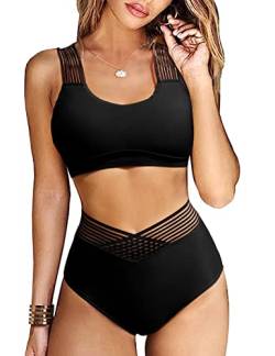 Vancavoo Bikini Damen Set High Waist Badeanzug Zweiteiliger Push Up Cross Back Bikinioberteil Breite Träger Bademode Swimsuit Beachwear,Schwarz-Gitter,S von Vancavoo