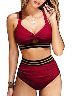 Vancavoo Bikini Damen Set High Waist Bauchweg Zweiteiliger Badeanzug Push Up Zurück kreuzen Bikini Bademode Swimsuit Beachwear,Burgunderrot,M von Vancavoo