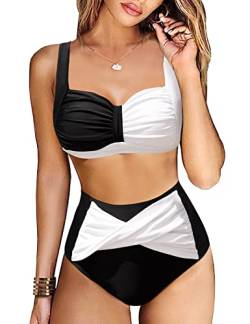 Vancavoo Bikini Damen Set High Waist Zweiteiliger Badeanzug Push Up Rüschen Einstellbar Bikinioberteil Bikini-Sets Bademode Curvy Swimsuit Beachwear,Schwarz weiß,S von Vancavoo