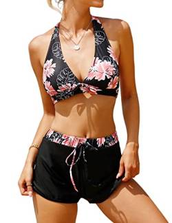 Vancavoo Bikini Damen Set Push Up Bikini High Waist Badeanzug Neckholder V Ausschnitt Bademode mit Bikini Hotpants Zweiteiliger Badeanzüge Strandmode Swimsuit,Schwarz+Blume,XL von Vancavoo