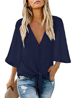 Vancavoo Bluse Elegant Damen Hemd Lose Tops mit 3/4 Ärmel Blusenshirt Knopf Top Tunika Chiffon Oberteile V-Ausschnitt Hemd Fledermausärmel Casual Sommer,Navy blau M von Vancavoo