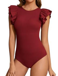 Vancavoo Body Damen Bodysuit Kurzarm Elegant Bodys Suit Rundhals Rüschen T-Shirt Tops Slimming Shaper Oberteil,Wein Rot,L von Vancavoo