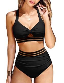 Vancavoo Damen Bikini Set Push Up Cross Back Zweiteiliger Badeanzug Bikinioberteil Fischnetze Breite Träger Bikini Bademode Swimsuit Beachwear,Schwarz,S von Vancavoo