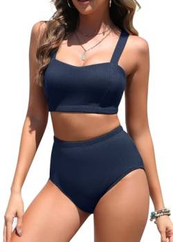 Vancavoo Damen Bikini Set Zweiteiliger Badeanzug Push Up Sport Bikini-Oberteil High Waist Elastische Gerippte Bademode Swimsuit,Marineblau,XL von Vancavoo
