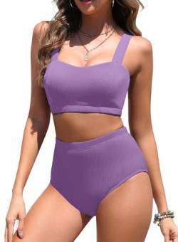 Vancavoo Damen Bikini Set Zweiteiliger Badeanzug Push Up Sport Bikini-Oberteil High Waist Elastische Gerippte Bademode Swimsuit,Violett,XL von Vancavoo