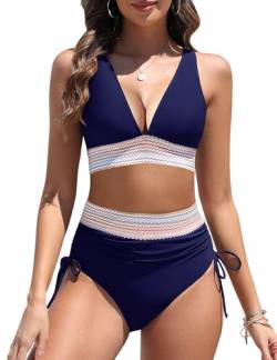 Vancavoo Damen Bikini Set Zweiteiliger Badeanzug V Ausschnitt Push Up Bikini-Oberteile High Waist Bademode Mit Kordelzug Swimsuit,Marineblau,L von Vancavoo