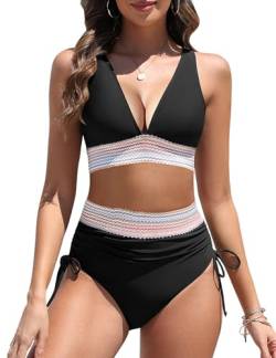 Vancavoo Damen Bikini Set Zweiteiliger Badeanzug V Ausschnitt Push Up Bikini-Oberteile High Waist Bademode Mit Kordelzug Swimsuit,Schwarz,L von Vancavoo