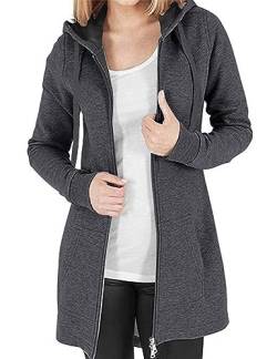 Vancavoo Fleecejacke Damen Lang Winterjacke Sweatjacke Kapuzenjacke Zip Kapuzenpullover Lose Jacken Einfarbig Sweatshirt Langen Mantel Cardigan Outwear Mit Taschen,Dunkelgrau S von Vancavoo