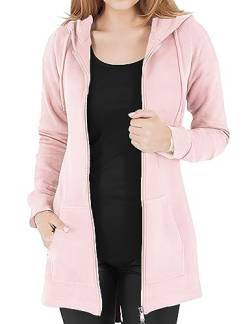 Vancavoo Fleecejacke Damen Lang Winterjacke Sweatjacke Kapuzenjacke Zip Kapuzenpullover Lose Jacken Einfarbig Sweatshirt Langen Mantel Cardigan Outwear Mit Taschen,Rosa,M von Vancavoo