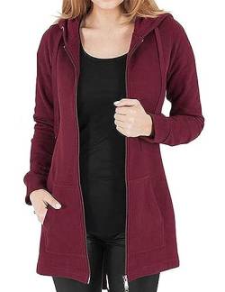 Vancavoo Fleecejacke Damen Lang Winterjacke Sweatjacke Kapuzenjacke Zip Kapuzenpullover Lose Jacken Einfarbig Sweatshirt Langen Mantel Cardigan Outwear Mit Taschen,Rotwein M von Vancavoo