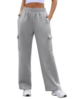 Vancavoo Jogginghose Damen Baggy Cargohose Freizeithose Warme Fleece Baumwolle Sporthose High Waist Sweathose Sweatpants Weites Bein Outdoor Traininghose,Grau,S von Vancavoo