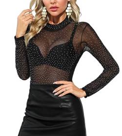 Vancavoo Mesh Body Damen Spitzenbody Langarm Schwarz Sexy Spitze Bodysuit Sheer Corset Top Netzoberteil Unterwäsche Oberteil,Schwarz-C,XL von Vancavoo