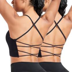 Vancavoo Sport BH Push Up Bustier Bra Damen Bralette Rückenfrei Spaghettiträger Crossback Sport-BHS Gepolstert Gerippt Yoga Fitness,Schwarz+Schwarz,M von Vancavoo