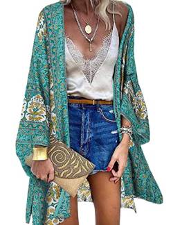 Vancavoo Strandtunika Damen Strandkleid Lang Sommer Pareo Strandtunika Blumendruck Strickjacke Boho Bikini Cover Up Lange Ärmel Strandponcho Beach Cardigan Bademode,Grün,XL von Vancavoo