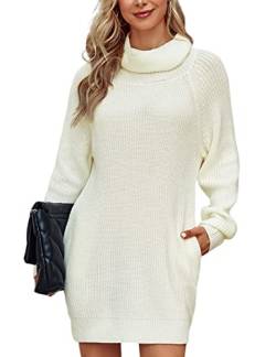 Vancavoo Strickkleid Damen Pulloverkleid Pullover Knitted Rollkragen Langarm Winterkleid Pulli Minikleid für Winter Casual Tunika mit Tasche,Weiß M von Vancavoo