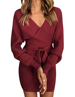 Vancavoo Strickkleid Damen Pulloverkleid V-Ausschnitt Elegant Langarm Pullover Winterkleid Strickpullover Kleid Bodycon Minikleid Sexy Rückenfrei Tunika Kleid Mit Gürtel für Herbst Winter,Rotwein XL von Vancavoo