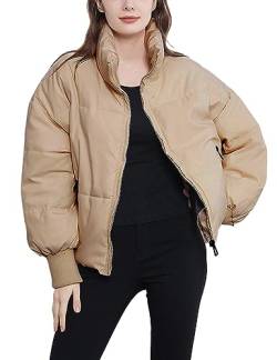 Vanchenl Damen Winter Casual Zip Warm Puffer Jacke Lose Stand Kragen Langarm Kurz Gepolstert Daunenmäntel Khaki L von Vanchenl