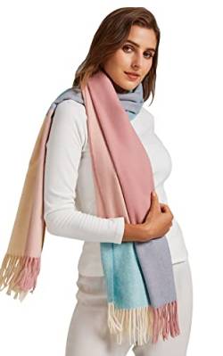 VaneriHome Damen Schal Wolle mit klassisches Karo Design und Quaste Winter dicke Deckenschal 70 x 190 cm, Blau Pink von VaneriHome