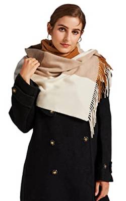 VaneriHome Damen Schal Wolle mit klassisches Karo Design und Quaste Winter dicke Deckenschal 70 x 190 cm, Cognac Grau Beige von VaneriHome