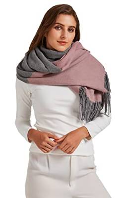 VaneriHome Damen Schal Wolle mit klassisches Karo Design und Quaste Winter dicke Deckenschal 70 x 190 cm, Grau Pink von VaneriHome