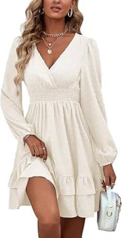 MAFA Damen Minikleid V-Ausschnitt A-Linie Kleider Elegant Hohe Taille Langarm Freizeitkleid Weiß XL von Vangreynve