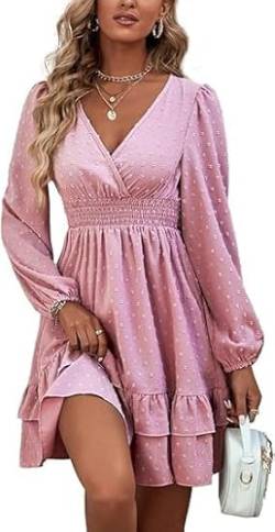 Vangreynve Damen Minikleid V-Ausschnitt A-Linie Kleider Elegant Hohe Taille Langarm Freizeitkleid Lange Ärmel-Rosa XL von Vangreynve