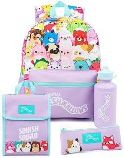 Squishmallows Rucksack für Mädchen | Lila Tier Plüschtiere Charaktere 4 Stück Kinder Schultasche Logo Wasserflasche | Plüsch Teddy Merchandise Geschenke von Squishmallows