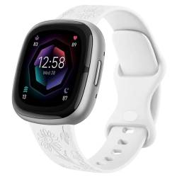 Vanjua Armband kompatibel mit Fitbit Sense 2 / Sense Bändern, Fitbit Versa 4 / Versa 3 Bänder Damen, graviertes Blumenmuster Silikon-Ersatzband für Fitbit Sense 2 / Versa 4 Smartwatch (groß, weiß) von Vanjua