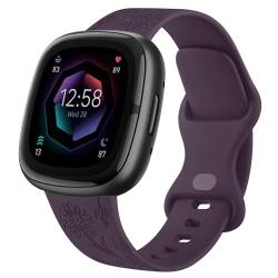 Vanjua Armband kompatibel mit Fitbit Sense 2 / Sense Bändern, Fitbit Versa 4 / Versa 3 Bänder Damen, graviertes Blumenmuster Silikon Ersatzband für Fitbit Sense 2 / Versa 4 Smartwatch (groß, lila) von Vanjua